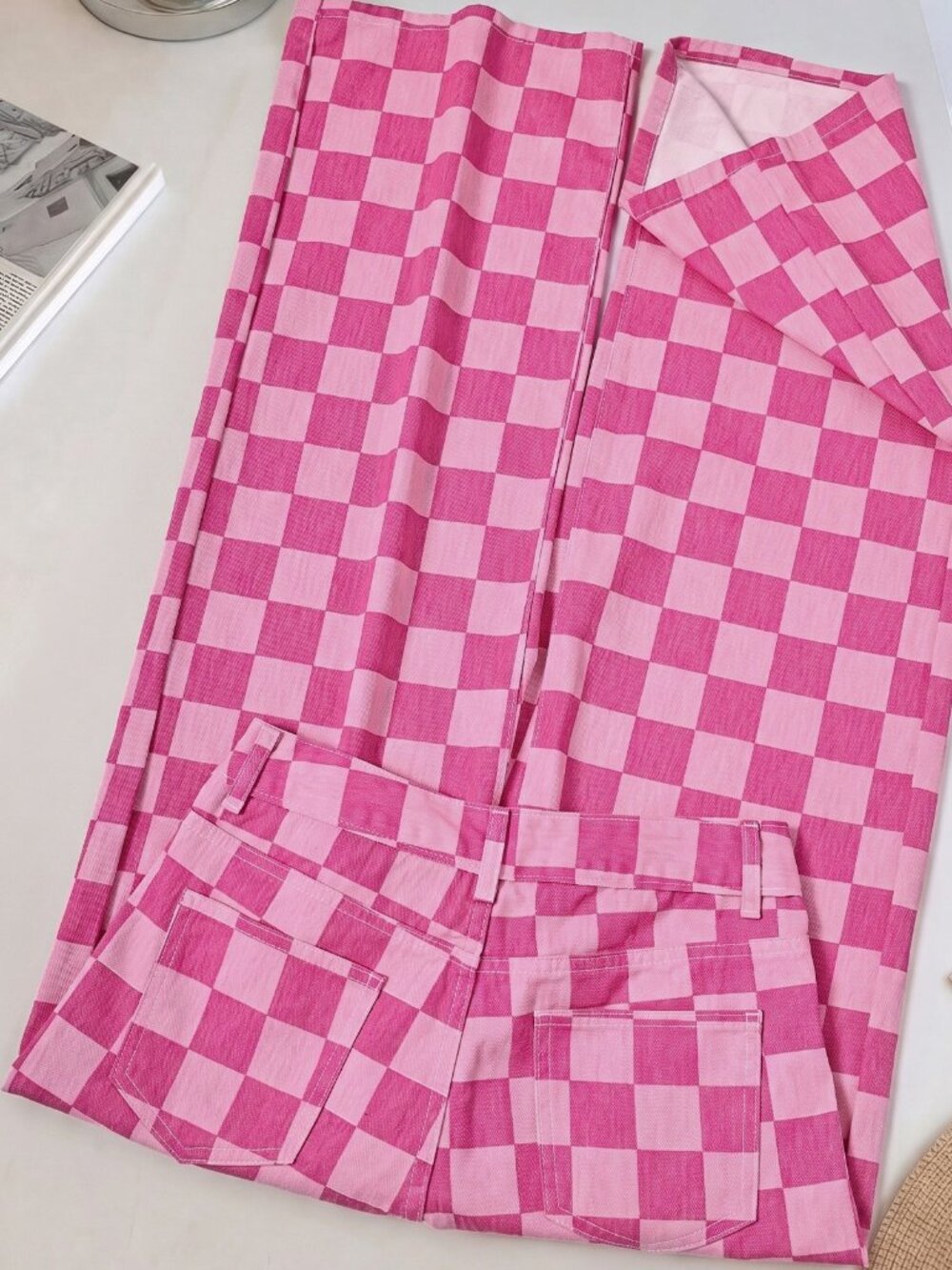 Pink & Light Pink Casual Women's Denim Checkerboard Print Straight Leg Jeans